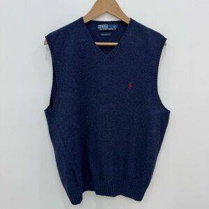Mens Polo Ralph Lauren Blue Vintage Pure Lambs Wool Sweater Vest Italian yarn Lg